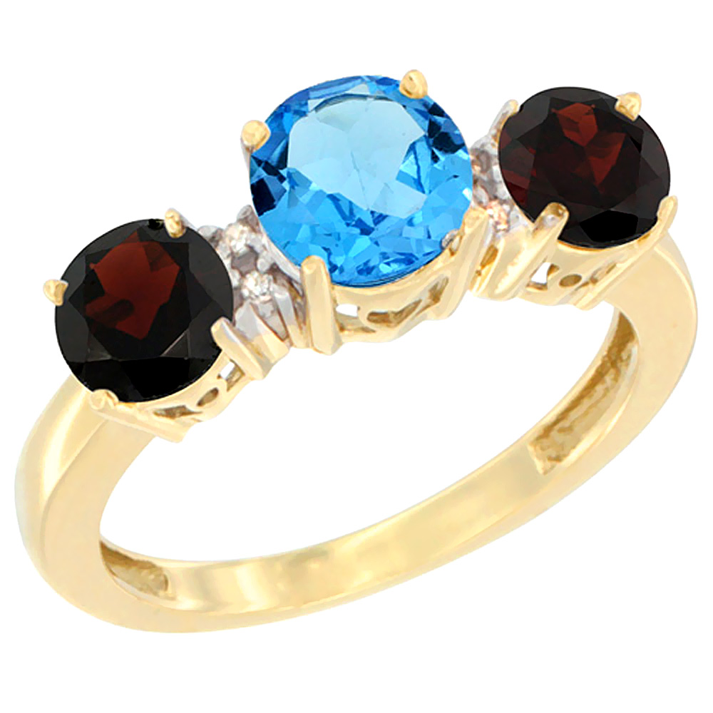 10K Yellow Gold Round 3-Stone Natural Swiss Blue Topaz Ring & Garnet Sides Diamond Accent, sizes 5 - 10