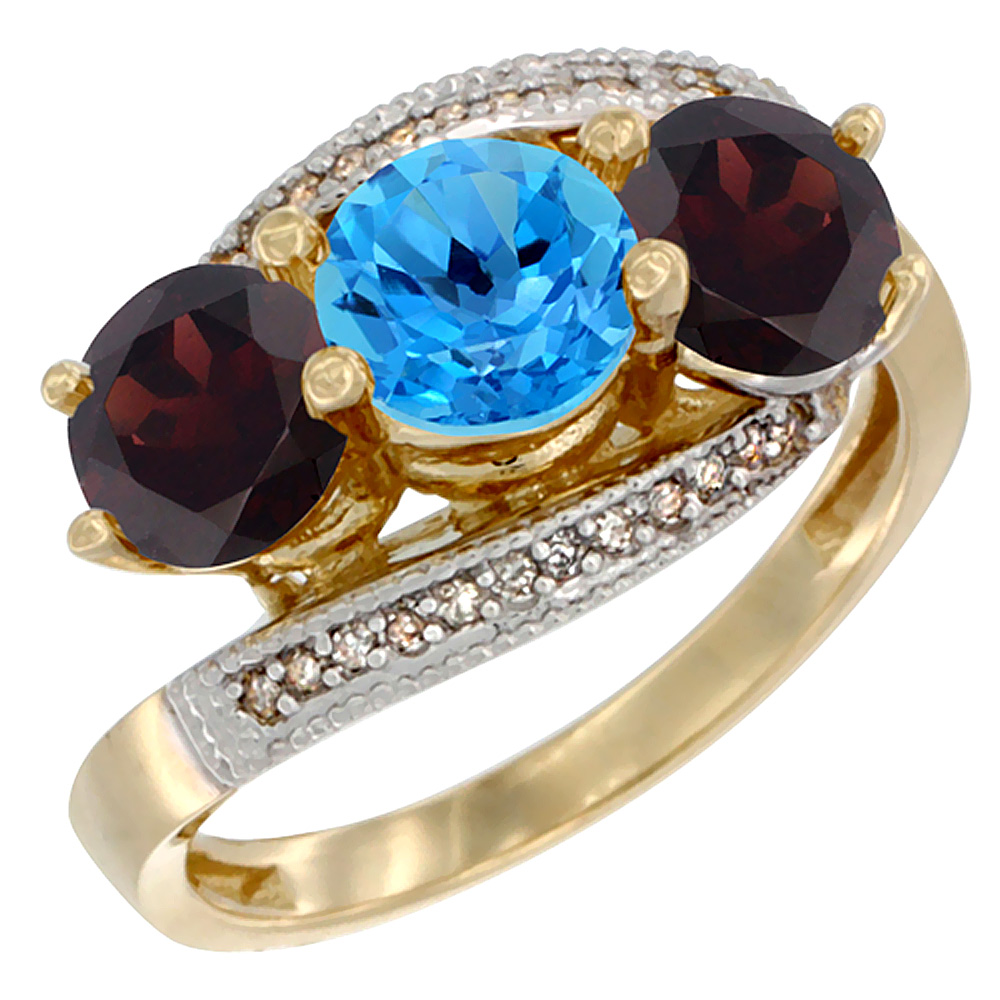 14K Yellow Gold Natural Swiss Blue Topaz &amp; Garnet Sides 3 stone Ring Round 6mm Diamond Accent, sizes 5 - 10