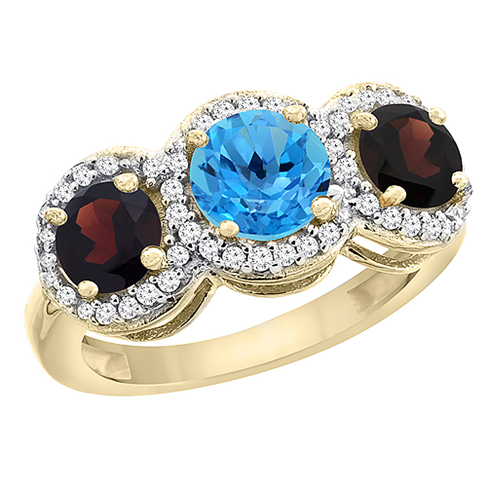 14K Yellow Gold Natural Swiss Blue Topaz &amp; Garnet Sides Round 3-stone Ring Diamond Accents, sizes 5 - 10