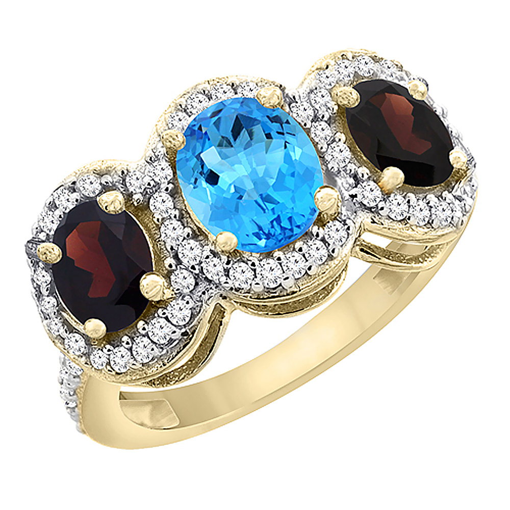 10K Yellow Gold Natural Swiss Blue Topaz & Garnet 3-Stone Ring Oval Diamond Accent, sizes 5 - 10