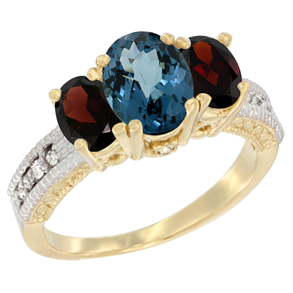 10K Yellow Gold Diamond Natural London Blue Topaz Ring Oval 3-stone with Garnet, sizes 5 - 10
