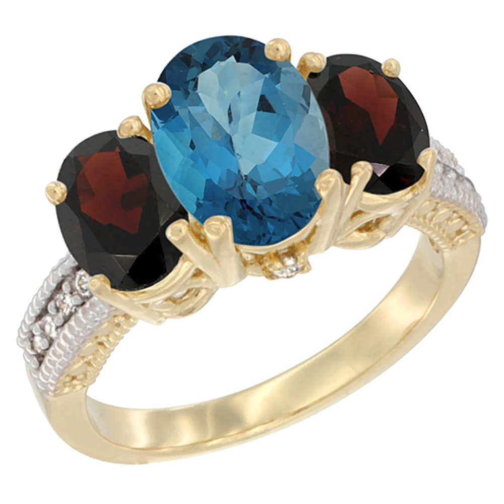 10K Yellow Gold Diamond Natural London Blue Topaz Ring 3-Stone Oval 8x6mm with Garnet, sizes5-10