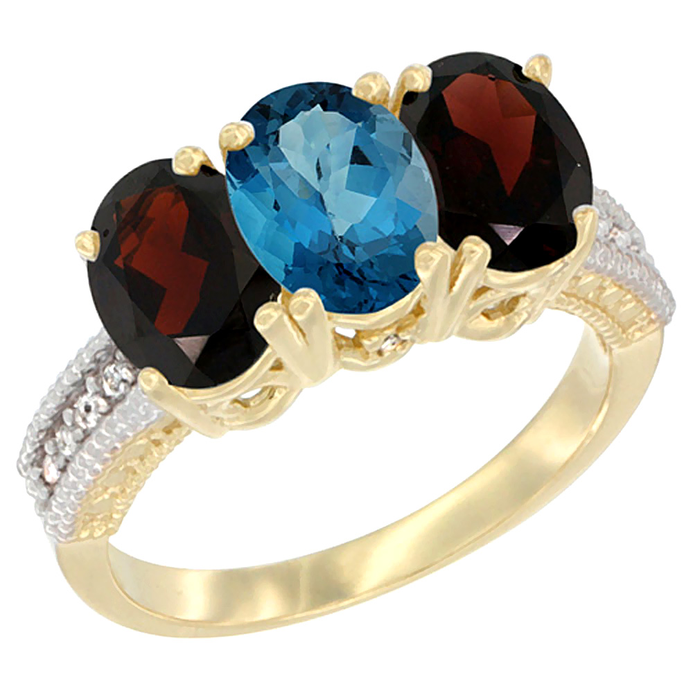 14K Yellow Gold Natural London Blue Topaz & Garnet Sides Ring 3-Stone 7x5 mm Oval Diamond Accent, sizes 5 - 10
