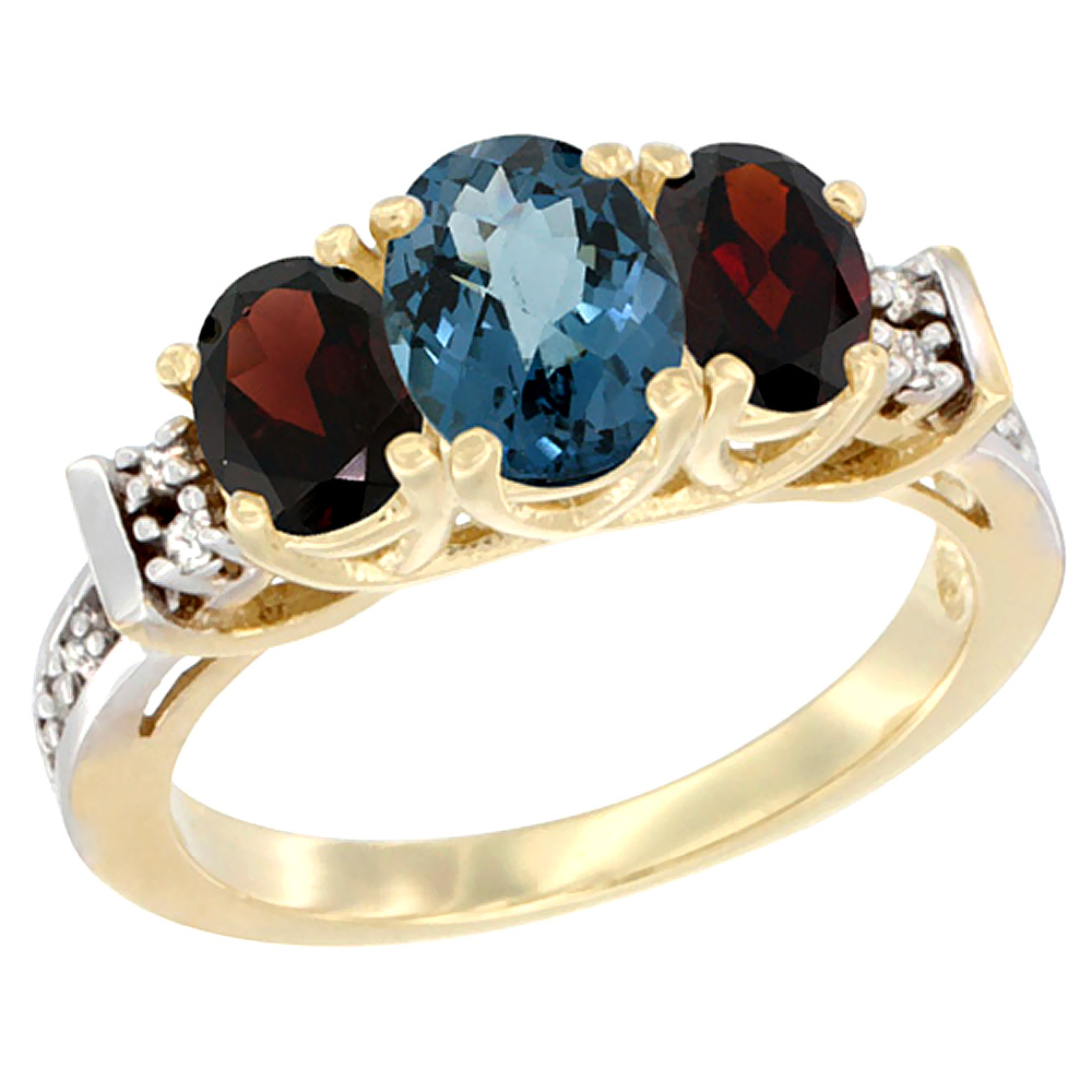 10K Yellow Gold Natural London Blue Topaz & Garnet Ring 3-Stone Oval Diamond Accent