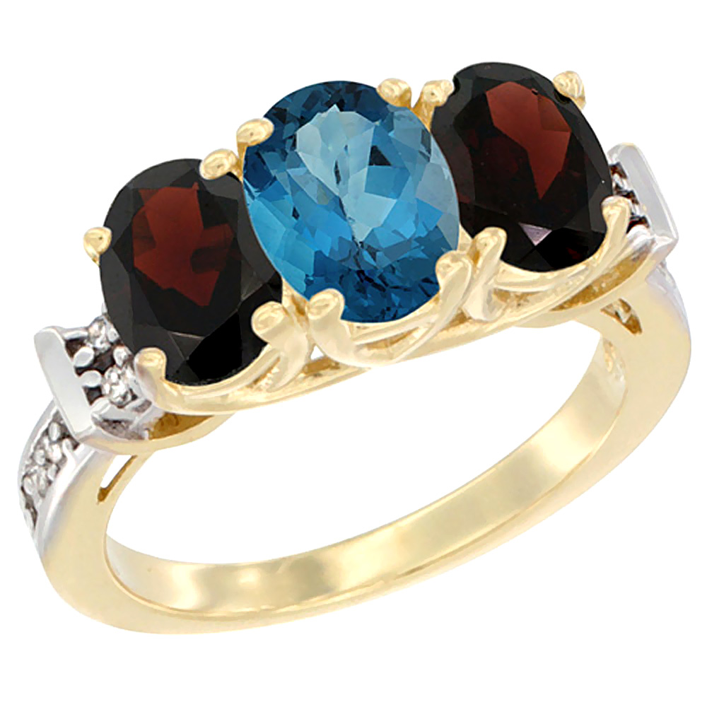 10K Yellow Gold Natural London Blue Topaz &amp; Garnet Sides Ring 3-Stone Oval Diamond Accent, sizes 5 - 10