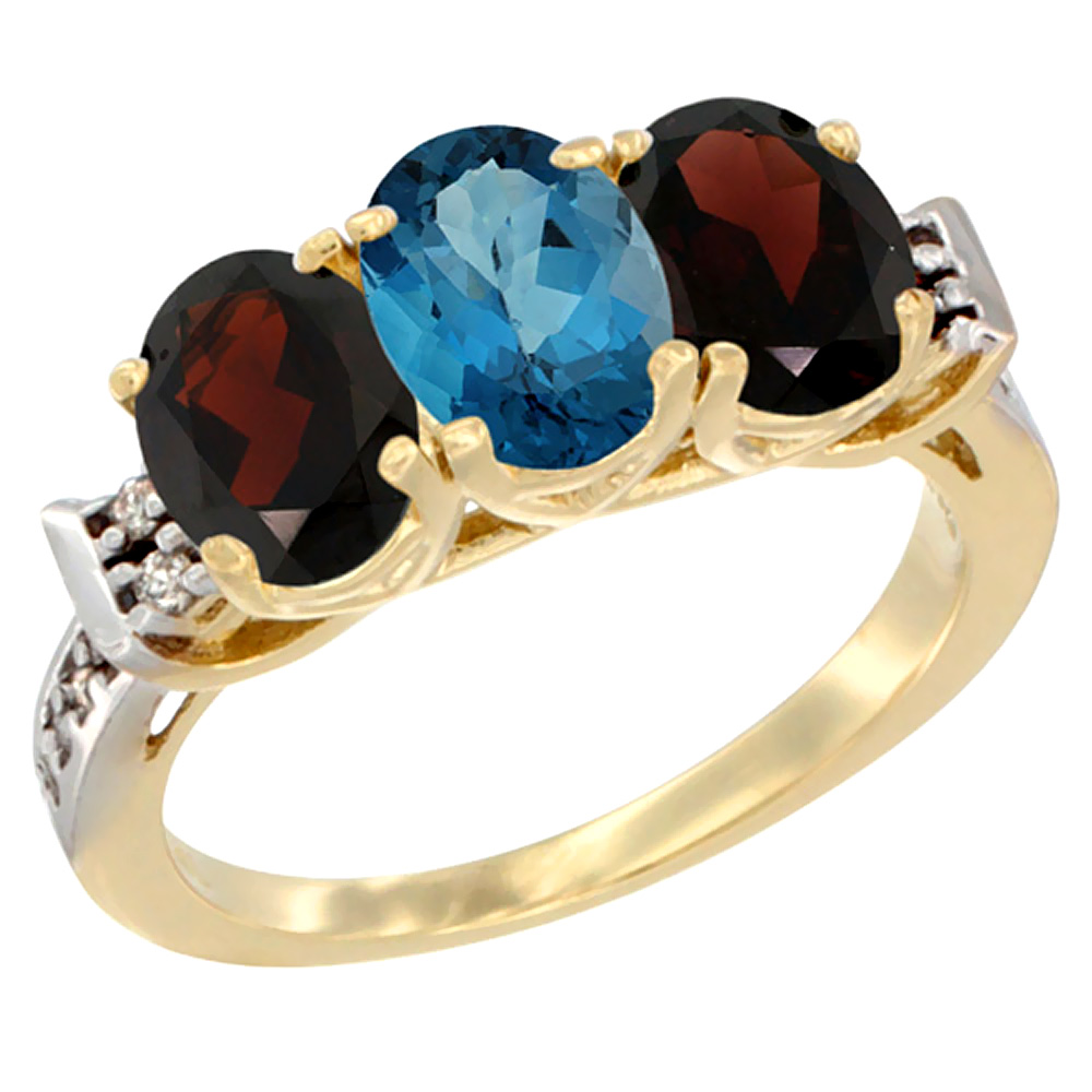 10K Yellow Gold Natural London Blue Topaz & Garnet Sides Ring 3-Stone Oval 7x5 mm Diamond Accent, sizes 5 - 10