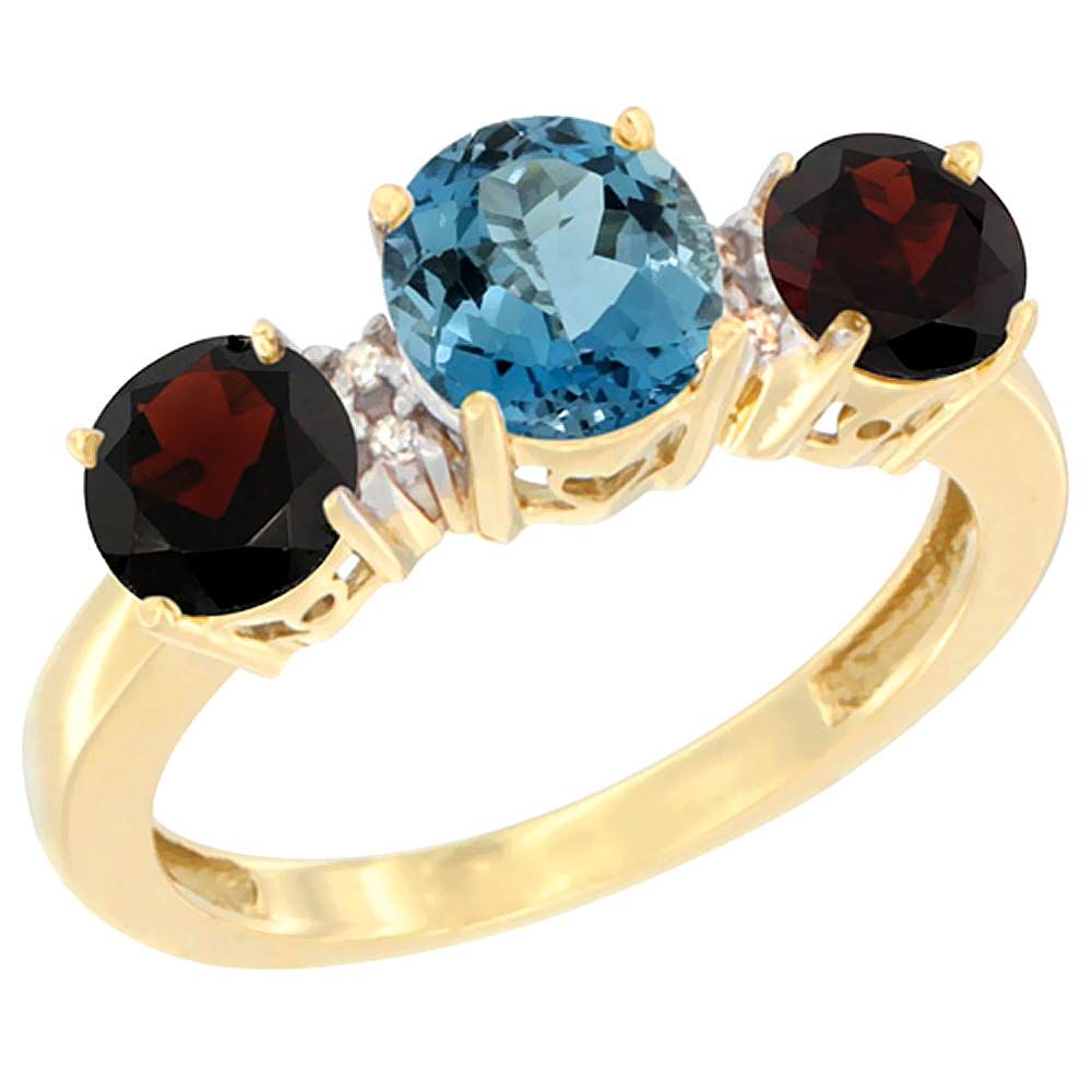 14K Yellow Gold Round 3-Stone Natural London Blue Topaz Ring &amp; Garnet Sides Diamond Accent, sizes 5 - 10