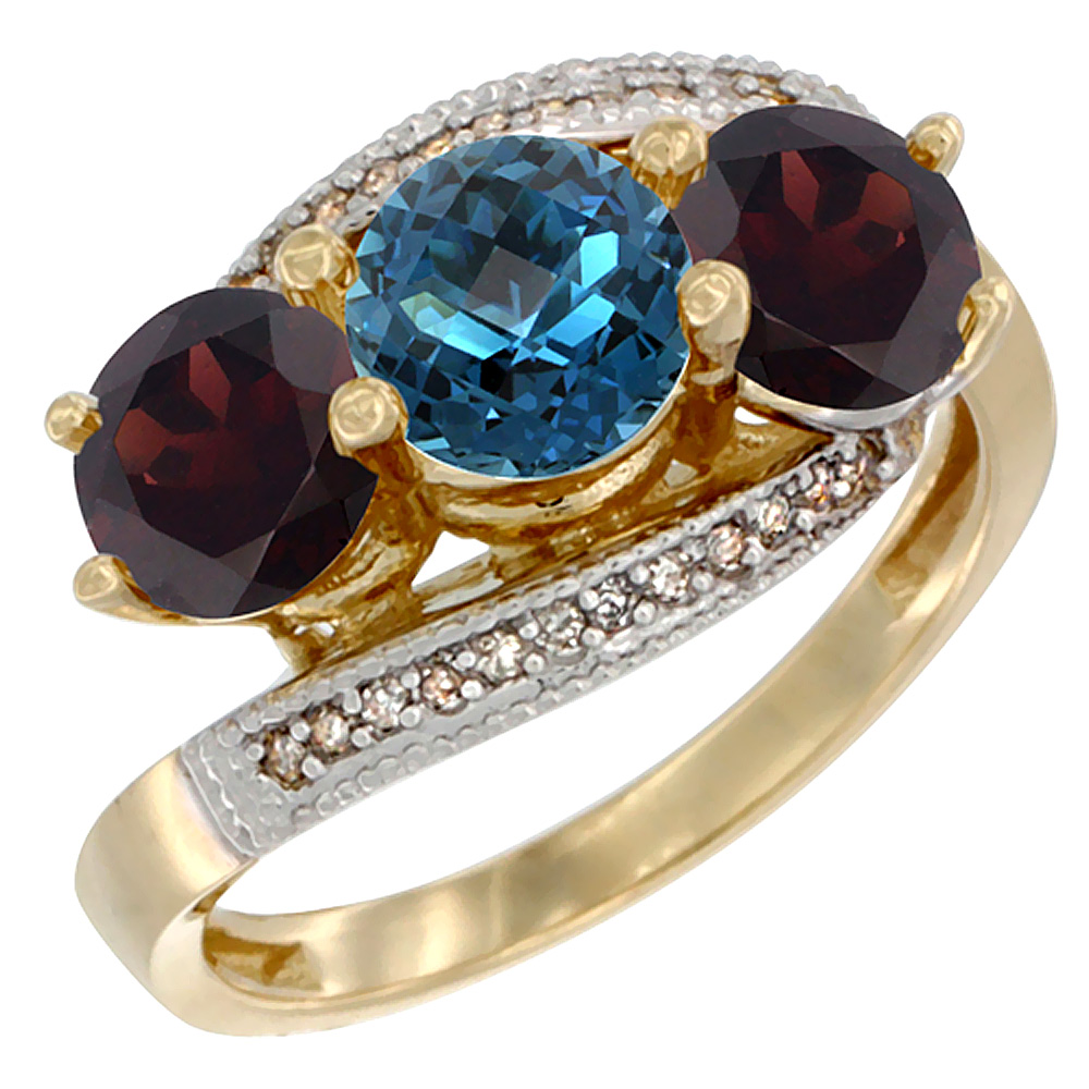 14K Yellow Gold Natural London Blue Topaz &amp; Garnet Sides 3 stone Ring Round 6mm Diamond Accent, sizes 5 - 10