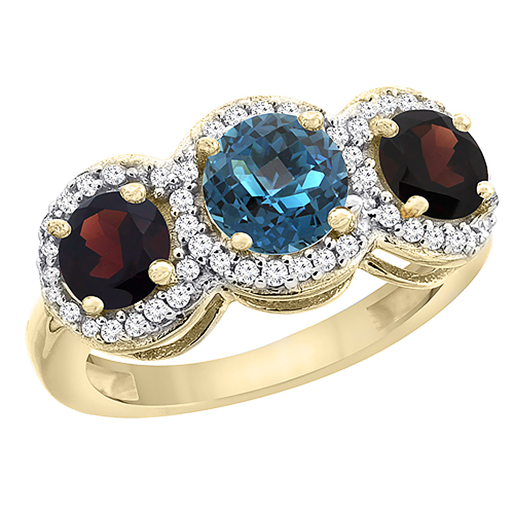 14K Yellow Gold Natural London Blue Topaz & Garnet Sides Round 3-stone Ring Diamond Accents, sizes 5 - 10