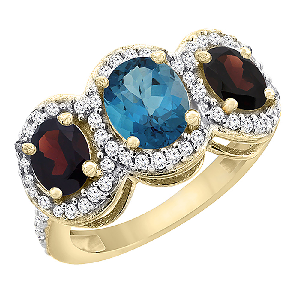 10K Yellow Gold Natural London Blue Topaz & Garnet 3-Stone Ring Oval Diamond Accent, sizes 5 - 10