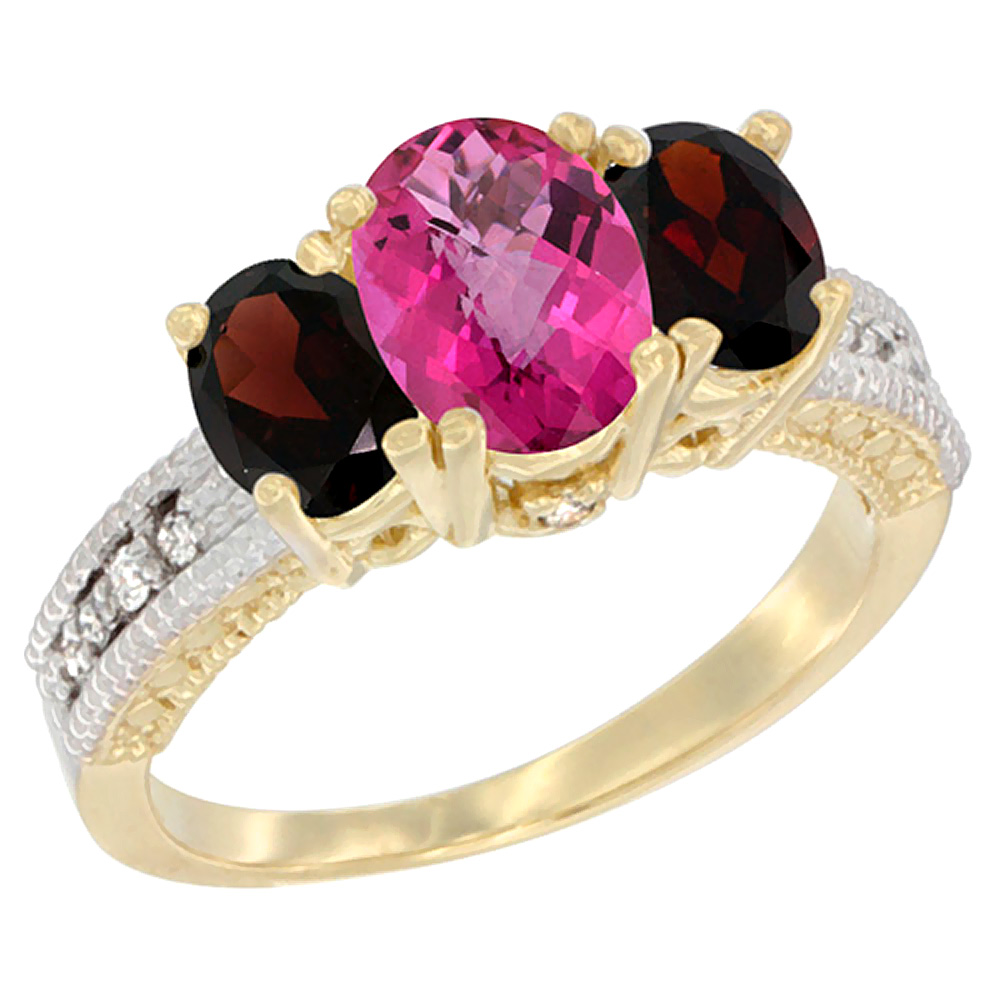 14K Yellow Gold Diamond Natural Pink Topaz Ring Oval 3-stone with Garnet, sizes 5 - 10