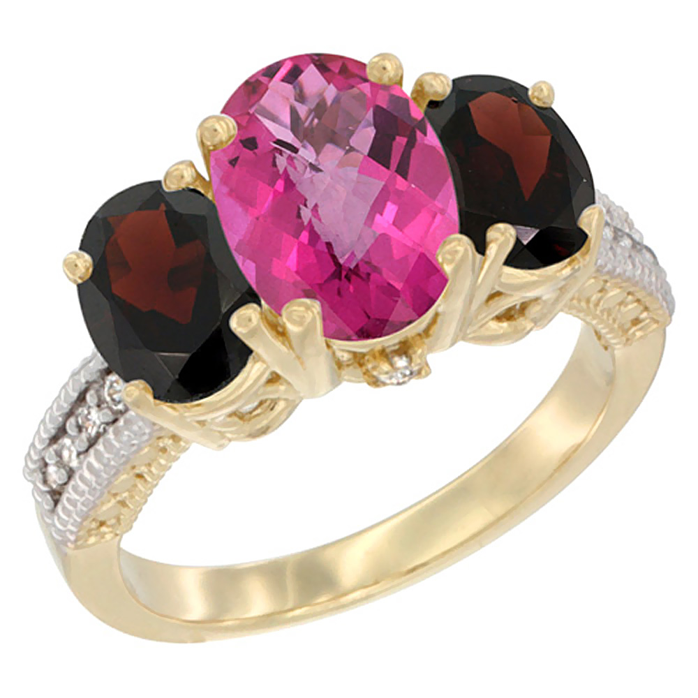 14K Yellow Gold Diamond Natural Pink Topaz Ring 3-Stone Oval 8x6mm with Garnet, sizes5-10
