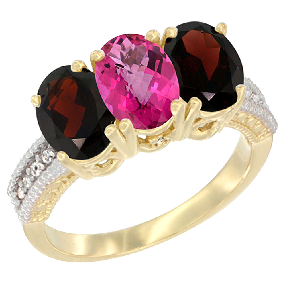 14K Yellow Gold Natural Pink Topaz & Garnet Sides Ring 3-Stone 7x5 mm Oval Diamond Accent, sizes 5 - 10