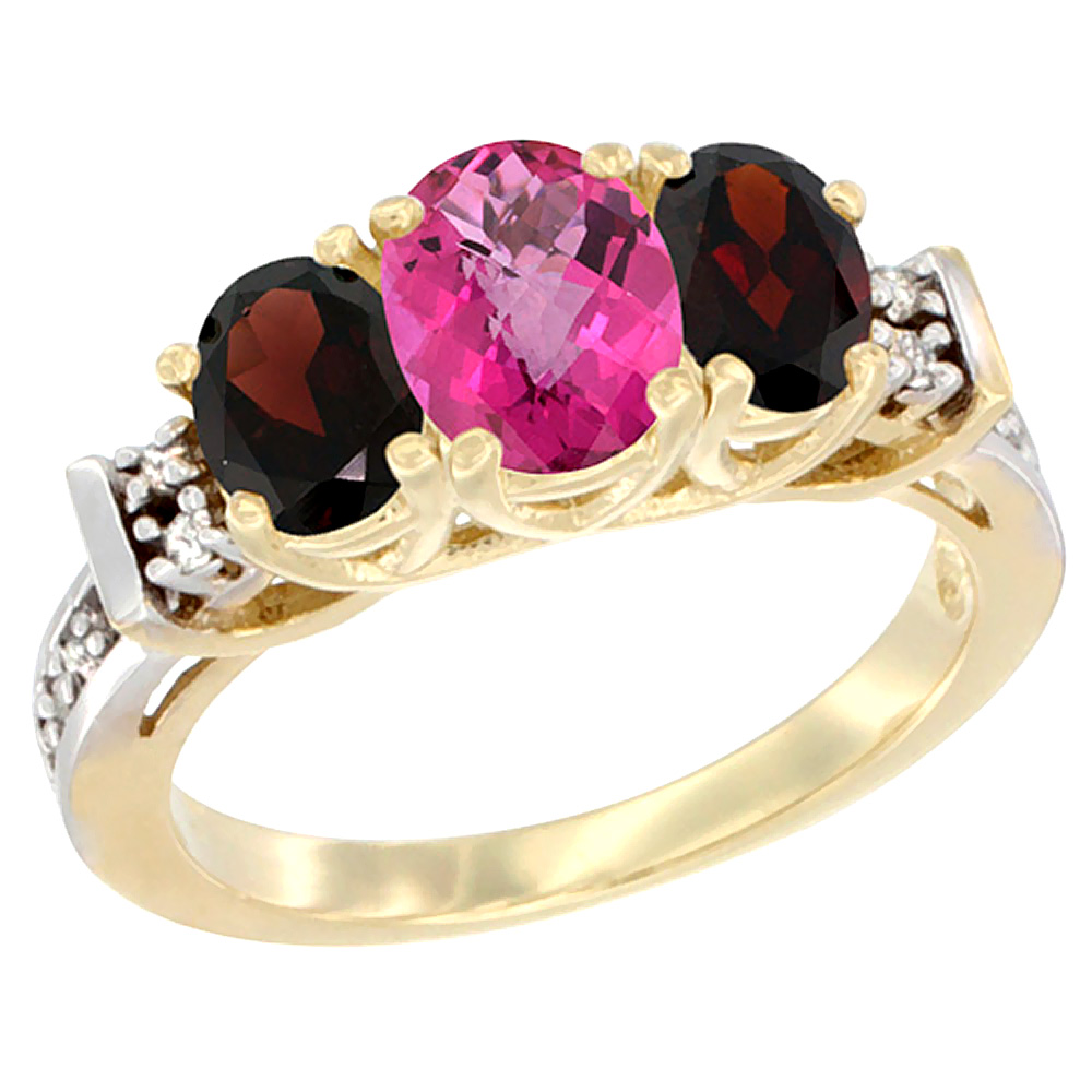 10K Yellow Gold Natural Pink Topaz & Garnet Ring 3-Stone Oval Diamond Accent