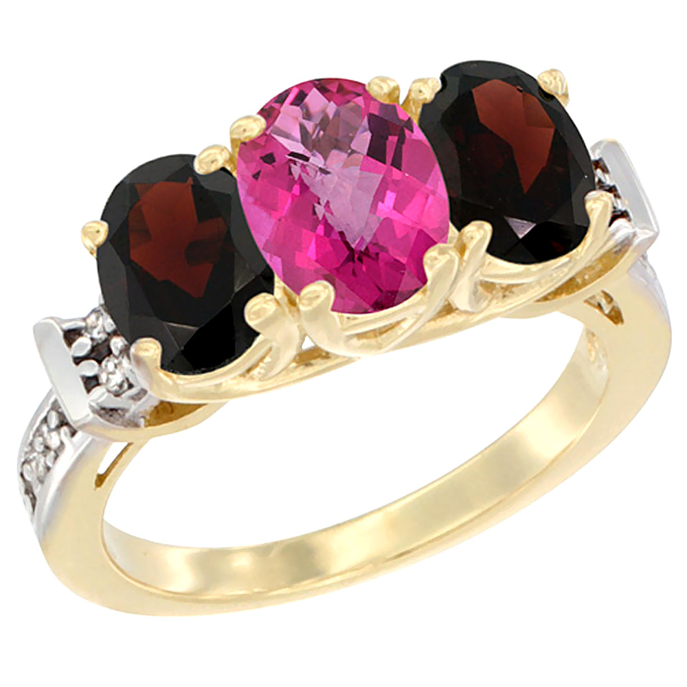 10K Yellow Gold Natural Pink Topaz & Garnet Sides Ring 3-Stone Oval Diamond Accent, sizes 5 - 10