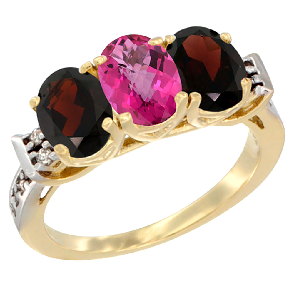 10K Yellow Gold Natural Pink Topaz & Garnet Sides Ring 3-Stone Oval 7x5 mm Diamond Accent, sizes 5 - 10