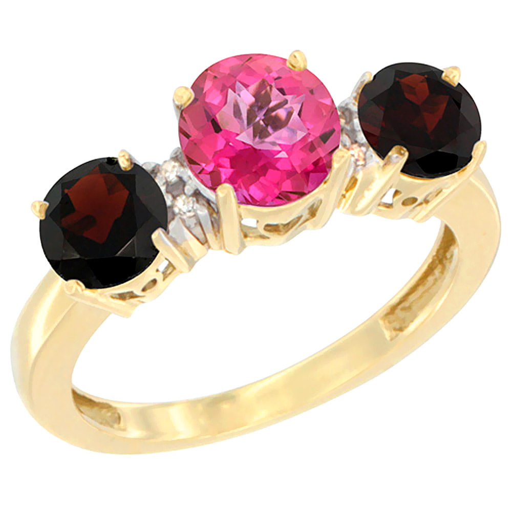 10K Yellow Gold Round 3-Stone Natural Pink Topaz Ring &amp; Garnet Sides Diamond Accent, sizes 5 - 10