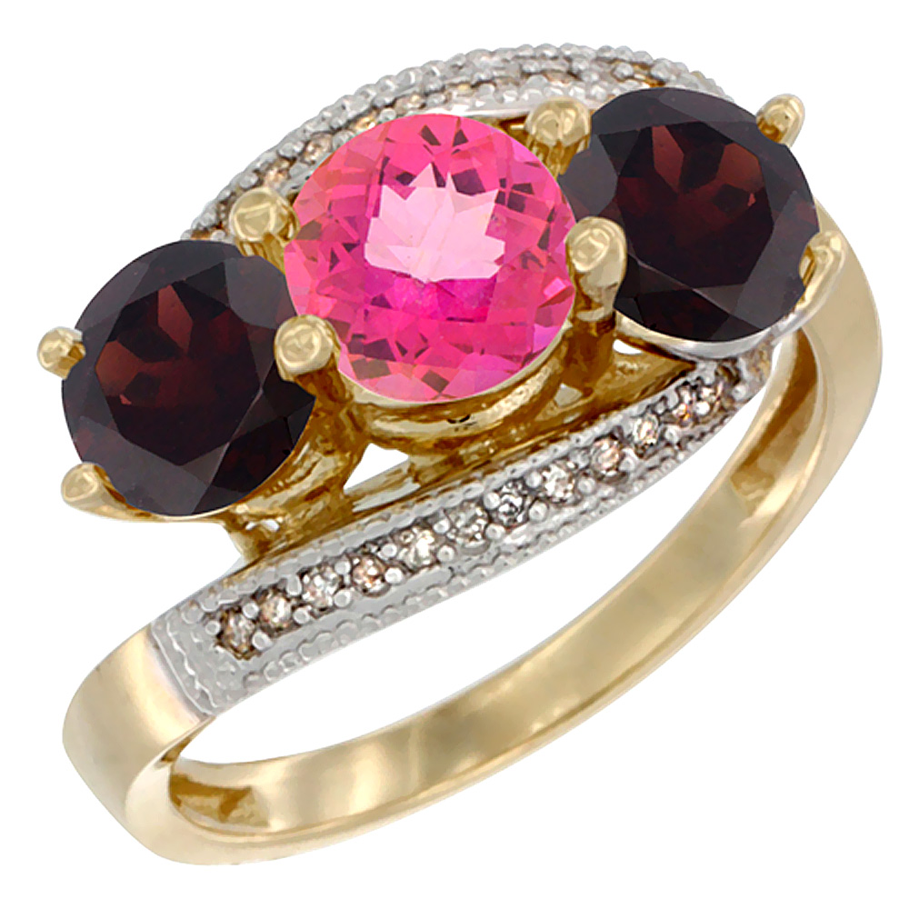 10K Yellow Gold Natural Pink Topaz & Garnet Sides 3 stone Ring Round 6mm Diamond Accent, sizes 5 - 10