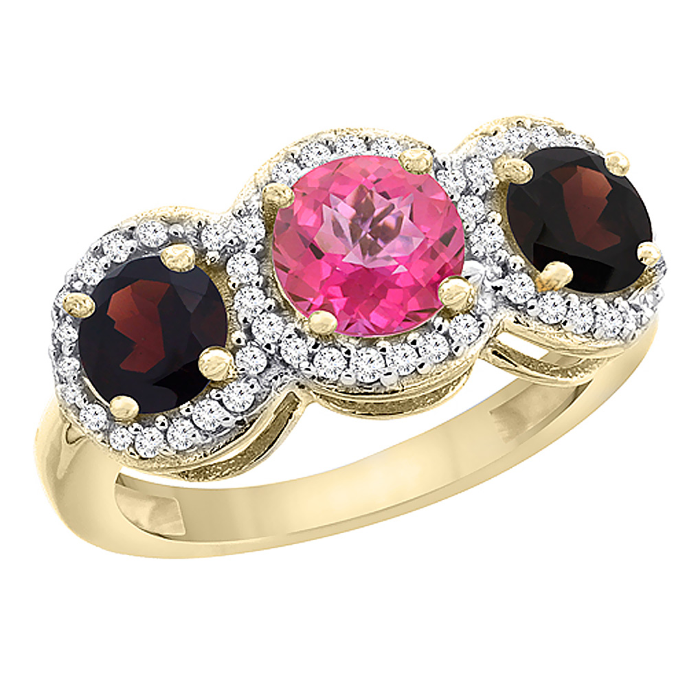 14K Yellow Gold Natural Pink Topaz & Garnet Sides Round 3-stone Ring Diamond Accents, sizes 5 - 10