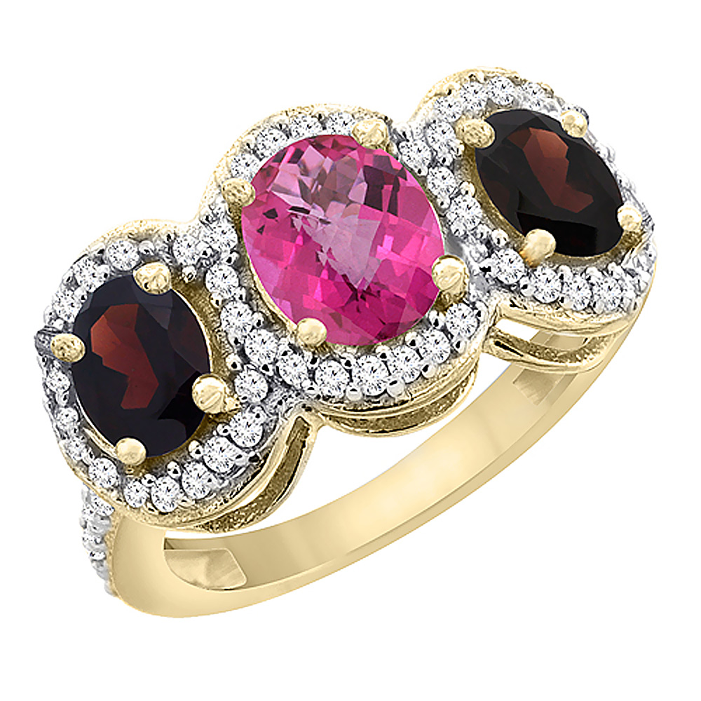 14K Yellow Gold Natural Pink Topaz & Garnet 3-Stone Ring Oval Diamond Accent, sizes 5 - 10