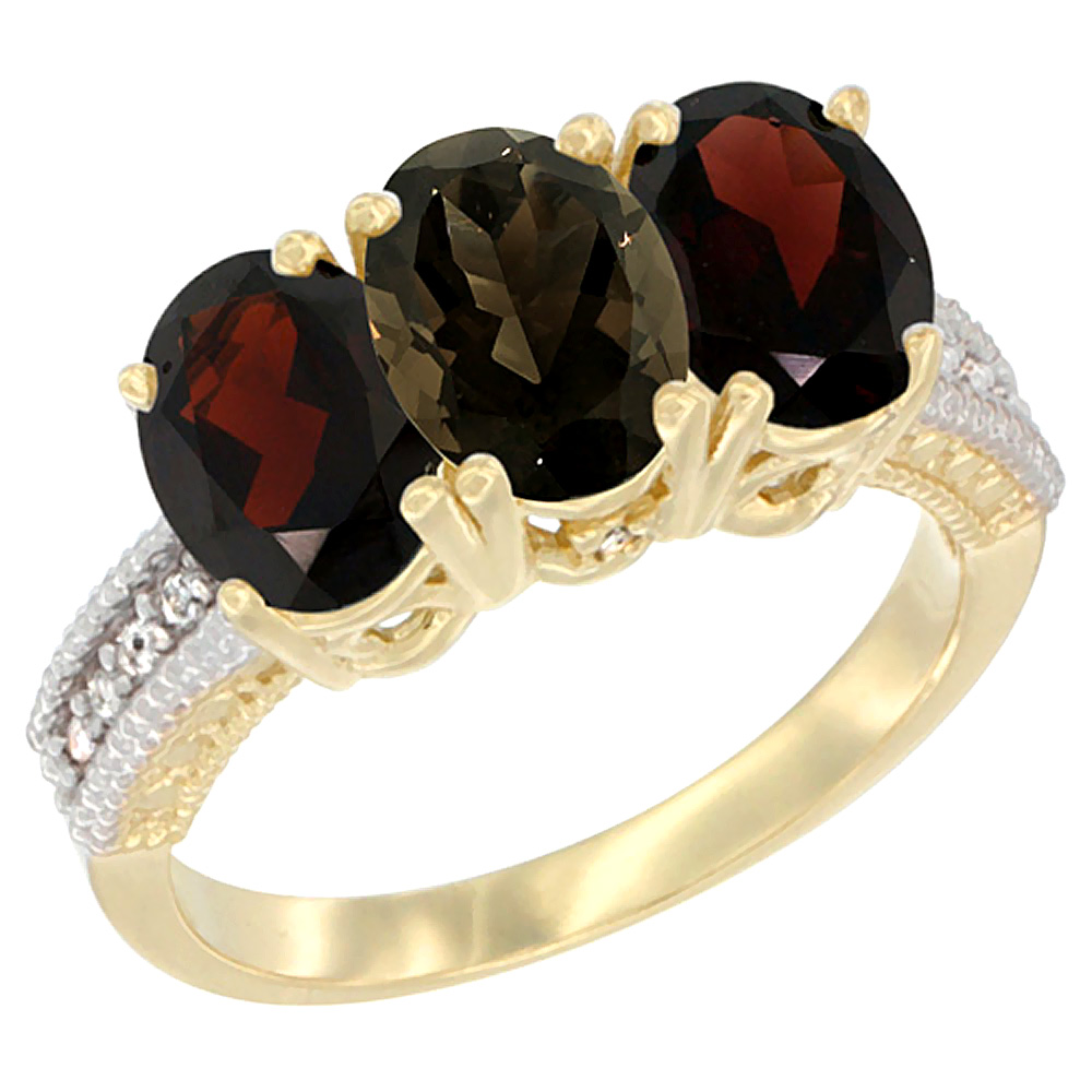 14K Yellow Gold Natural Smoky Topaz &amp; Garnet Sides Ring 3-Stone 7x5 mm Oval Diamond Accent, sizes 5 - 10