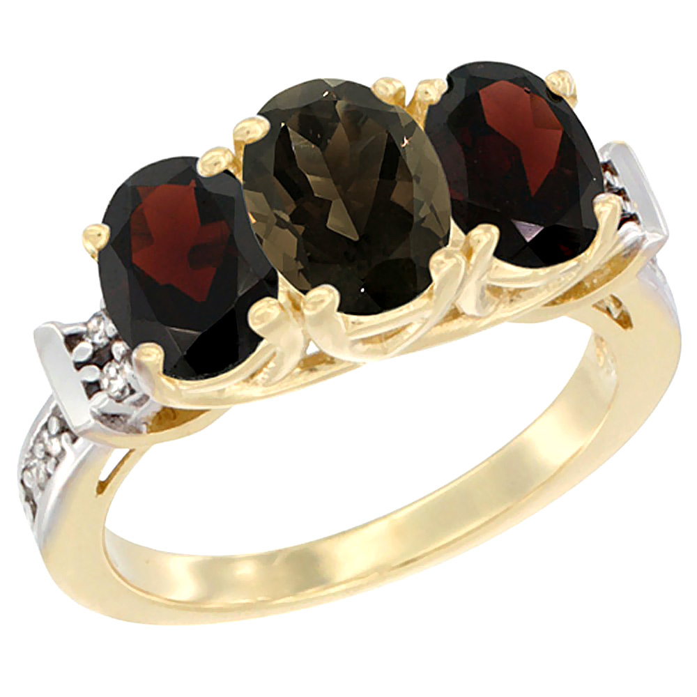 14K Yellow Gold Natural Smoky Topaz &amp; Garnet Sides Ring 3-Stone Oval Diamond Accent, sizes 5 - 10