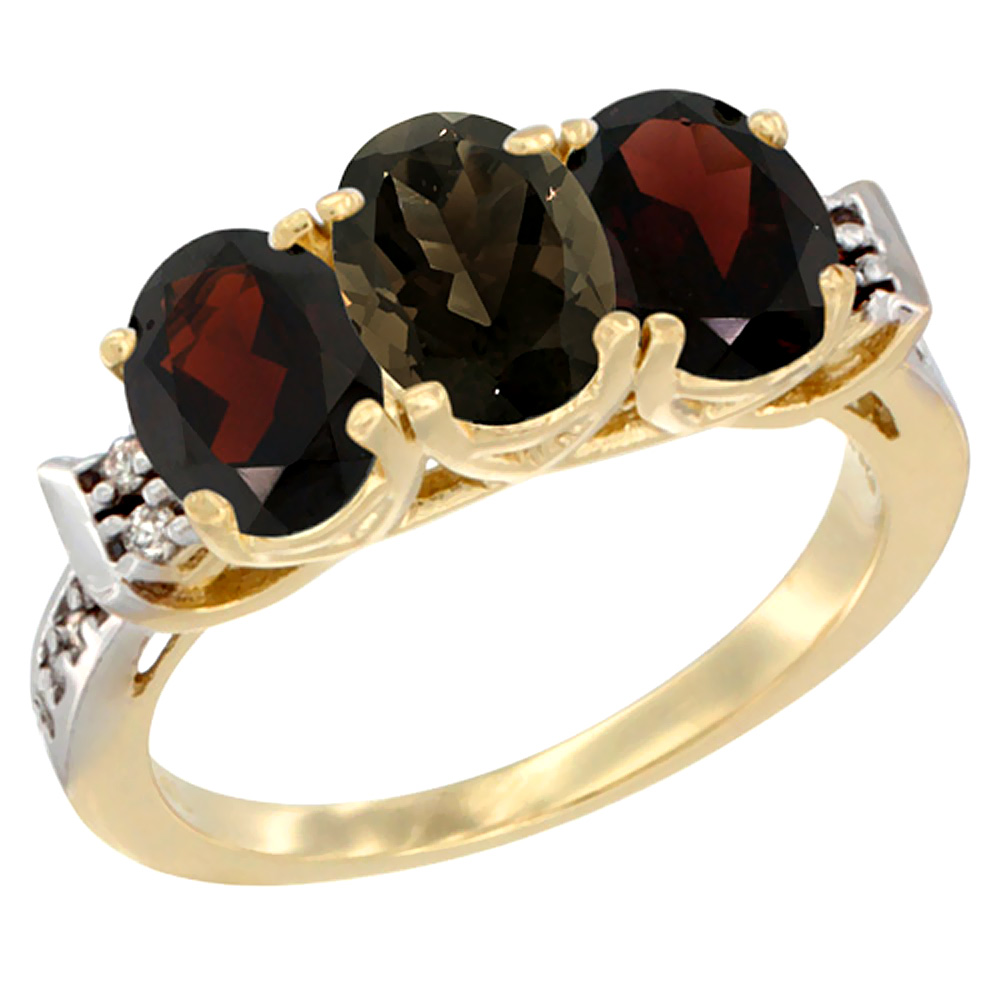10K Yellow Gold Natural Smoky Topaz & Garnet Sides Ring 3-Stone Oval 7x5 mm Diamond Accent, sizes 5 - 10