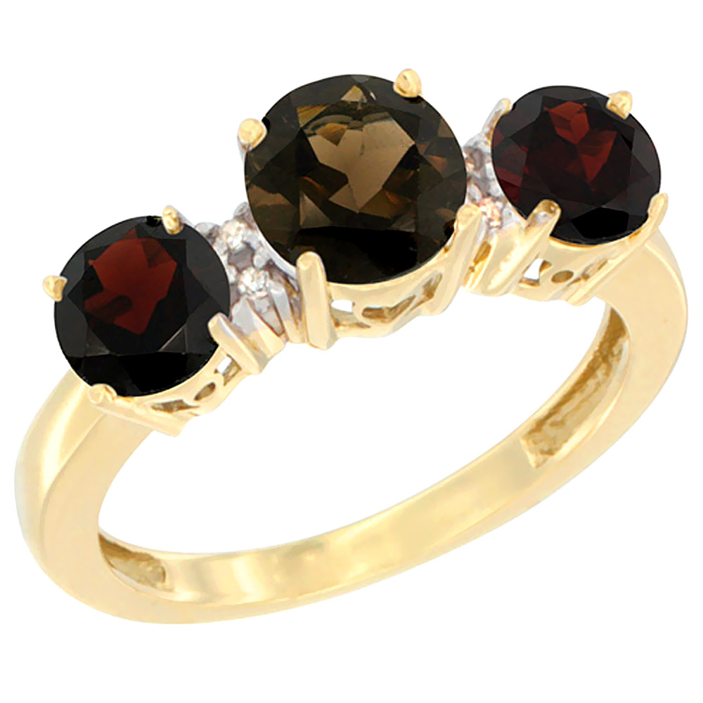 14K Yellow Gold Round 3-Stone Natural Smoky Topaz Ring & Garnet Sides Diamond Accent, sizes 5 - 10