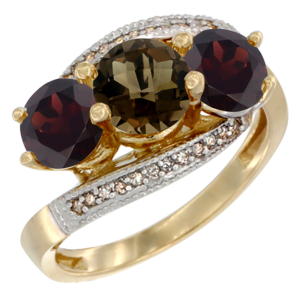 14K Yellow Gold Natural Smoky Topaz & Garnet Sides 3 stone Ring Round 6mm Diamond Accent, sizes 5 - 10