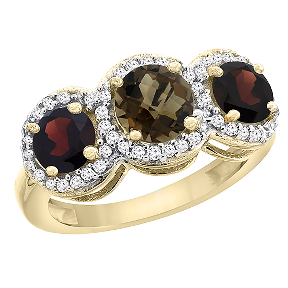 14K Yellow Gold Natural Smoky Topaz & Garnet Sides Round 3-stone Ring Diamond Accents, sizes 5 - 10