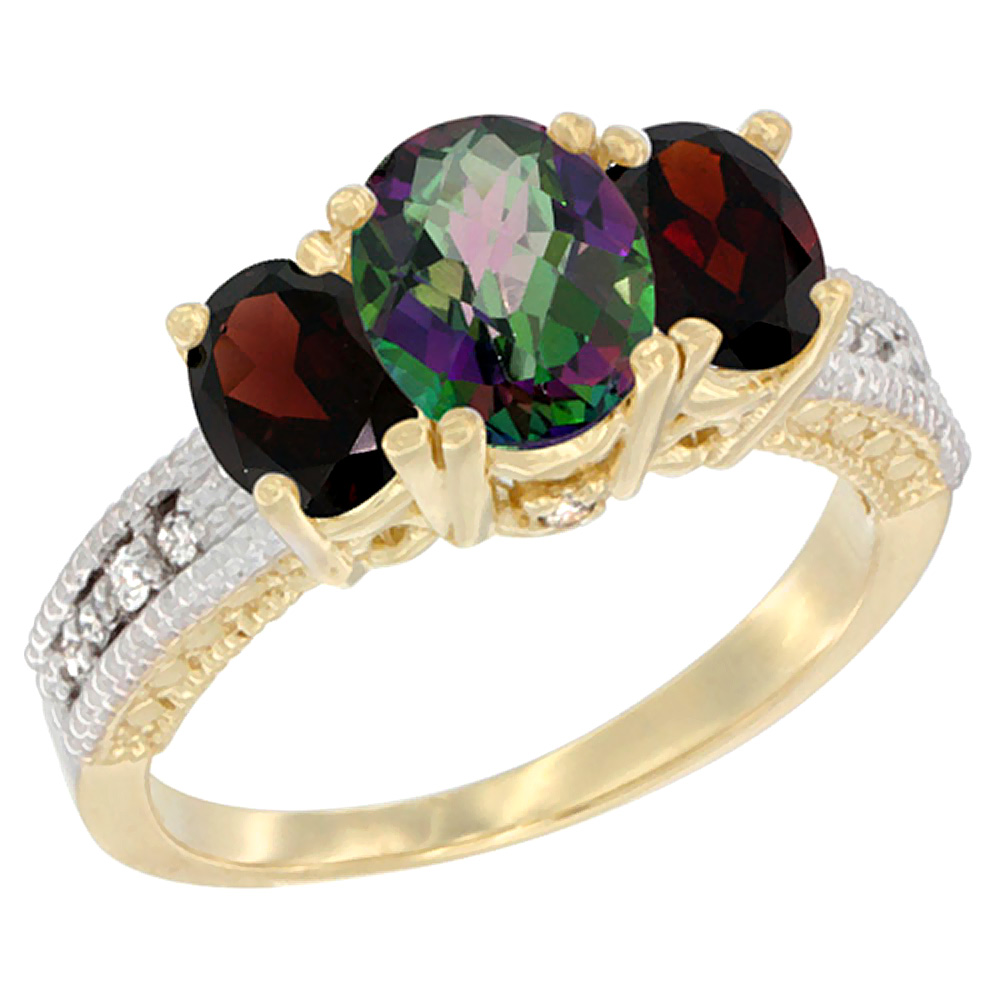 10K Yellow Gold Diamond Natural Mystic Topaz Ring Oval 3-stone with Garnet, sizes 5 - 10