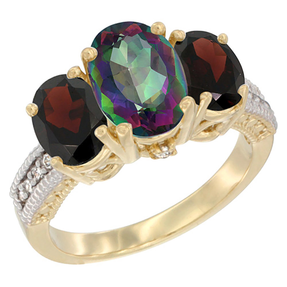 14K Yellow Gold Diamond Natural Mystic Topaz Ring 3-Stone Oval 8x6mm with Garnet, sizes5-10