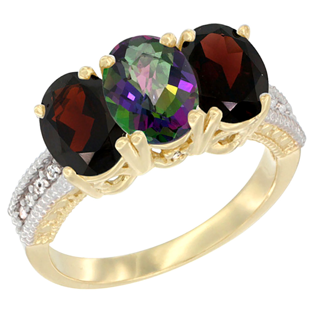 14K Yellow Gold Natural Mystic Topaz &amp; Garnet Sides Ring 3-Stone 7x5 mm Oval Diamond Accent, sizes 5 - 10