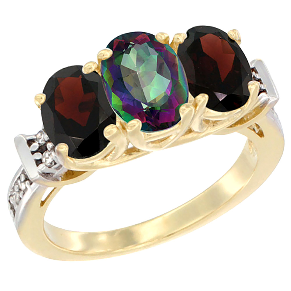 10K Yellow Gold Natural Mystic Topaz & Garnet Sides Ring 3-Stone Oval Diamond Accent, sizes 5 - 10
