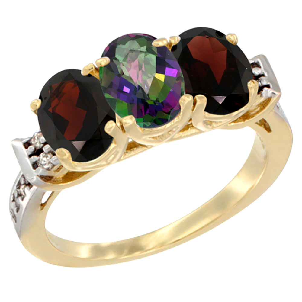 10K Yellow Gold Natural Mystic Topaz & Garnet Sides Ring 3-Stone Oval 7x5 mm Diamond Accent, sizes 5 - 10