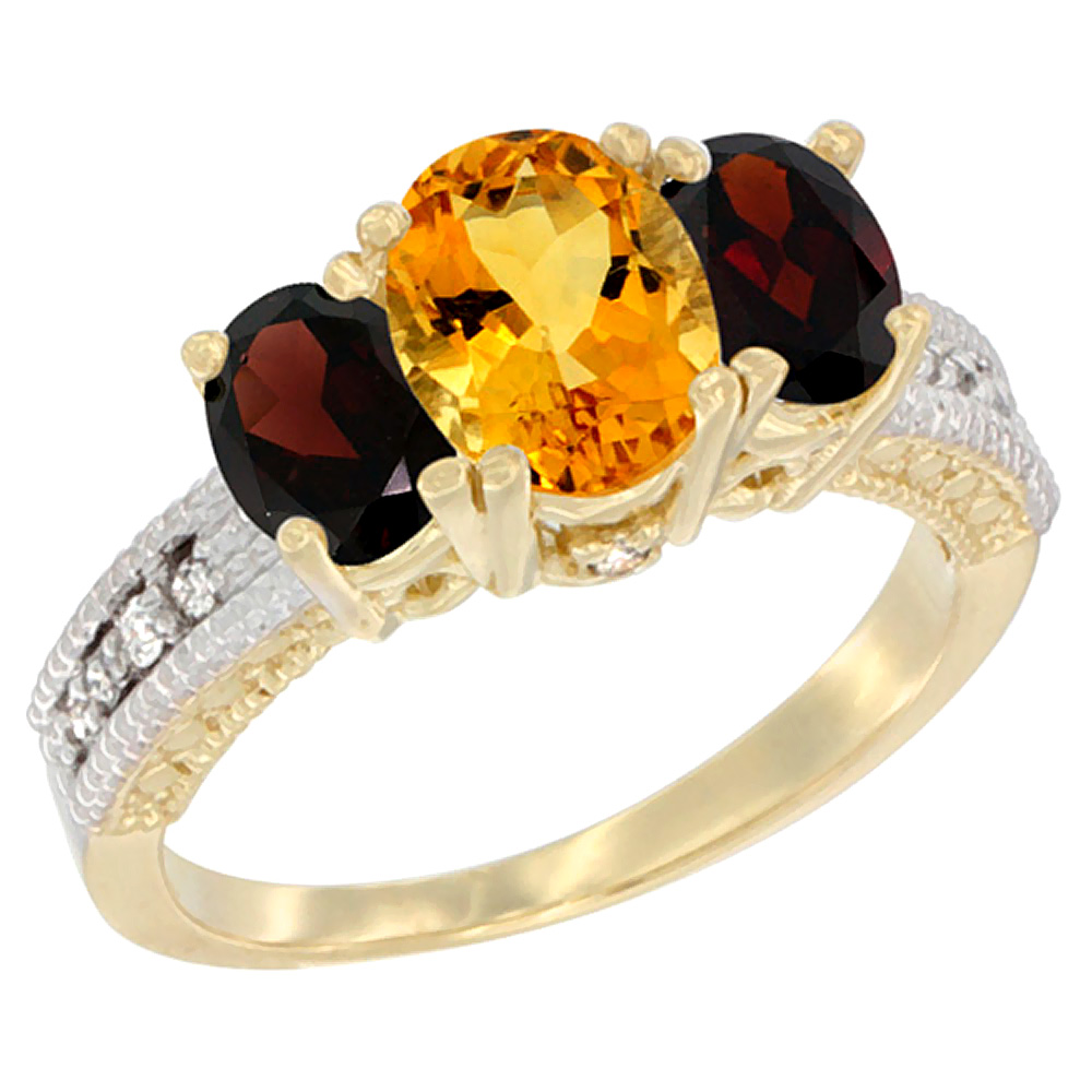 14K Yellow Gold Diamond Natural Citrine Ring Oval 3-stone with Garnet, sizes 5 - 10