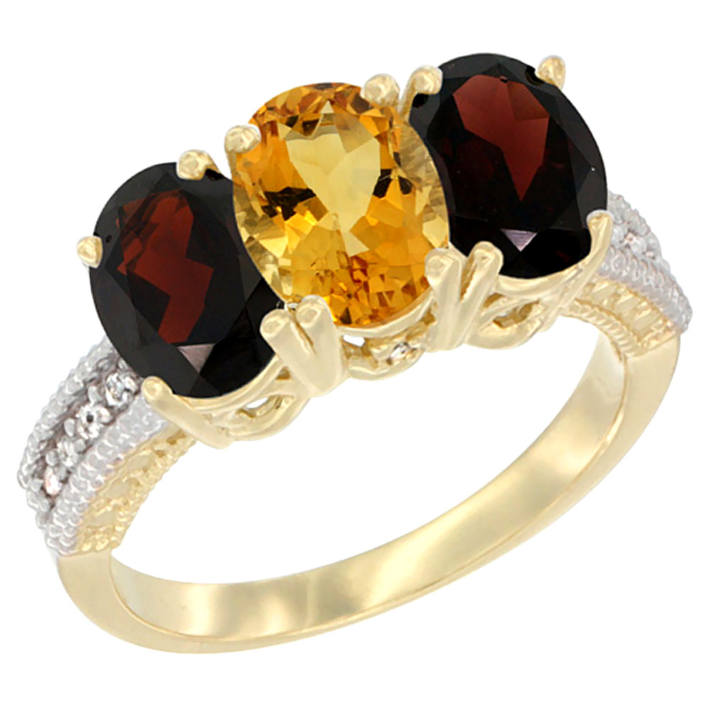 10K Yellow Gold Diamond Natural Citrine &amp; Garnet Ring 3-Stone 7x5 mm Oval, sizes 5 - 10