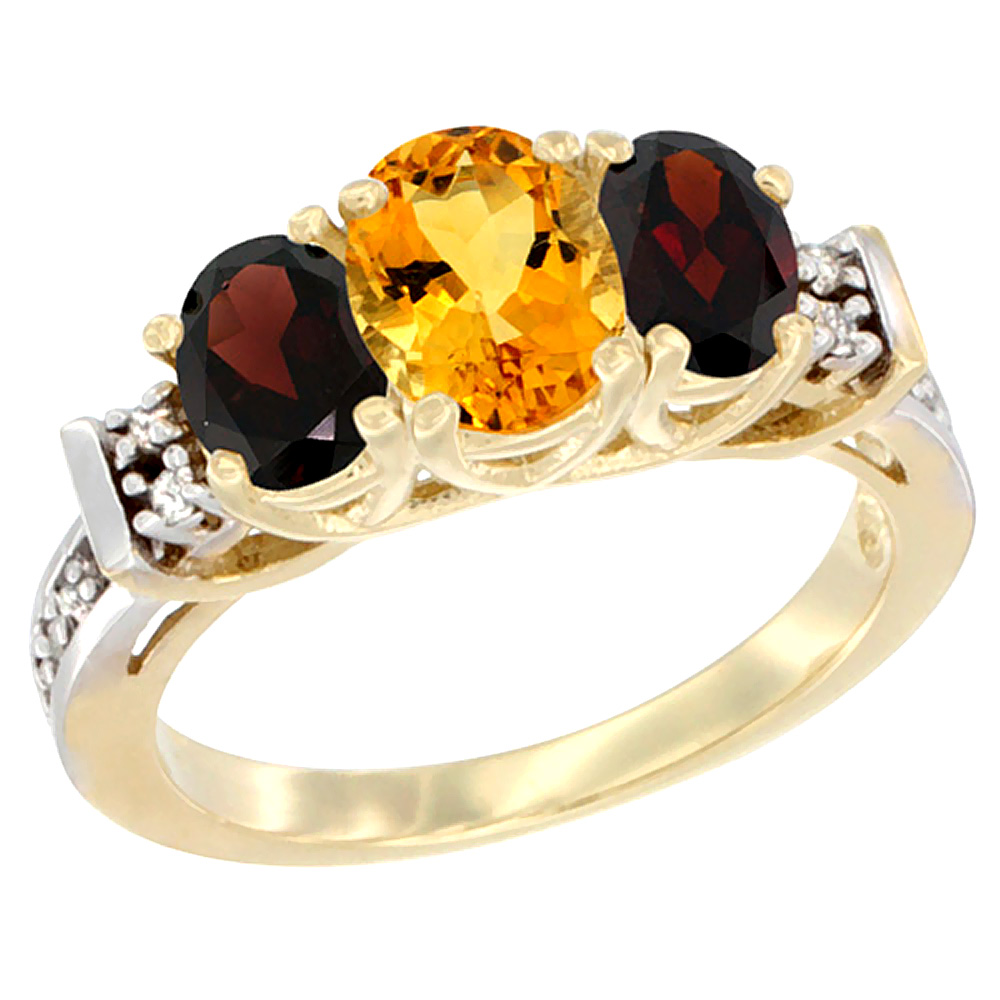 14K Yellow Gold Natural Citrine & Garnet Ring 3-Stone Oval Diamond Accent