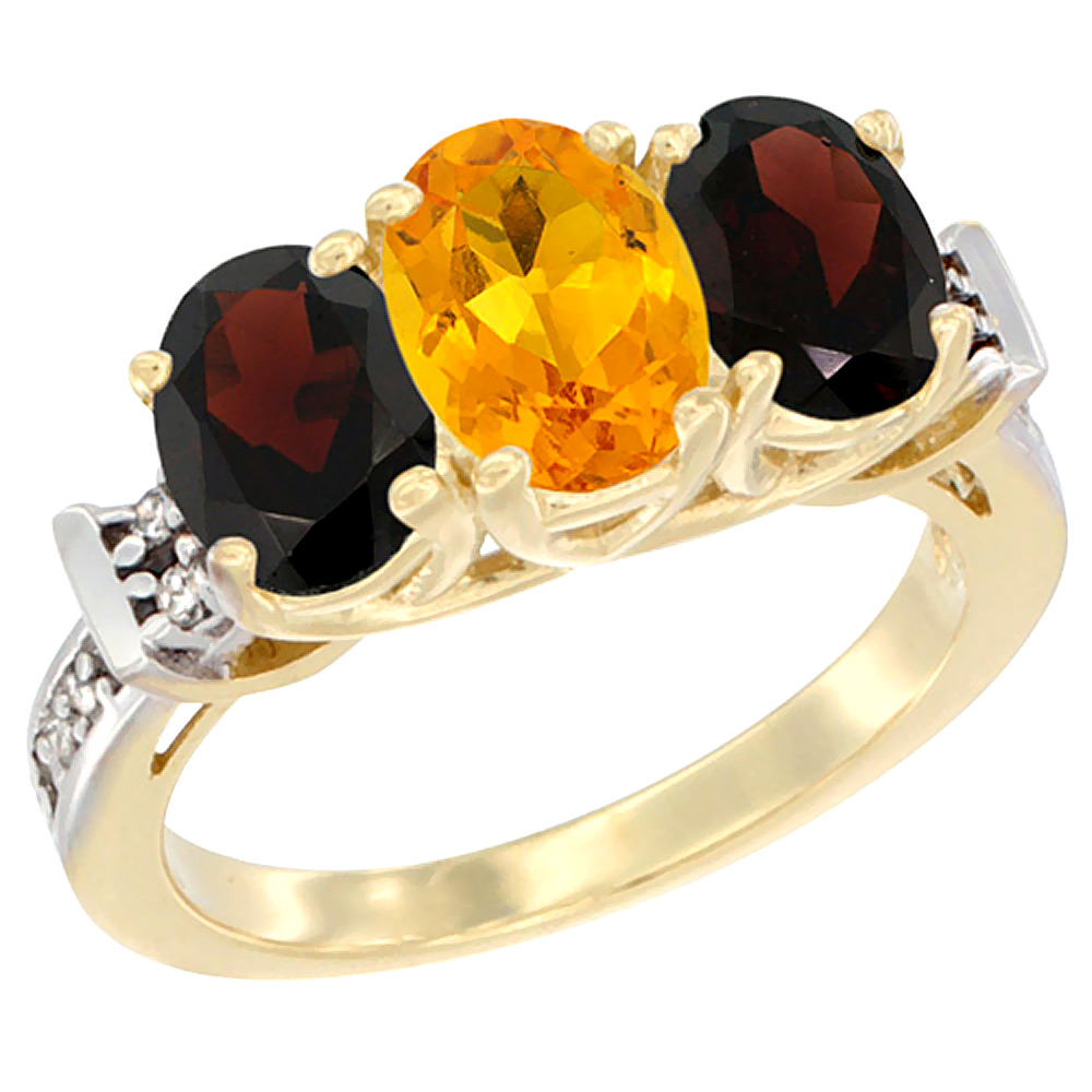10K Yellow Gold Natural Citrine & Garnet Sides Ring 3-Stone Oval Diamond Accent, sizes 5 - 10