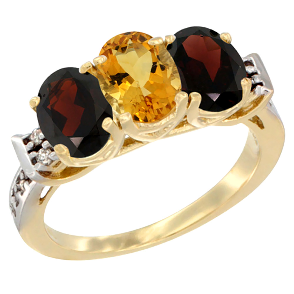 14K Yellow Gold Natural Citrine &amp; Garnet Sides Ring 3-Stone 7x5 mm Oval Diamond Accent, sizes 5 - 10