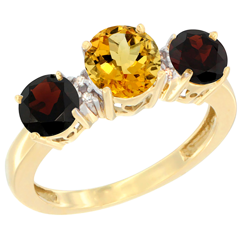 14K Yellow Gold Round 3-Stone Natural Citrine Ring &amp; Garnet Sides Diamond Accent, sizes 5 - 10