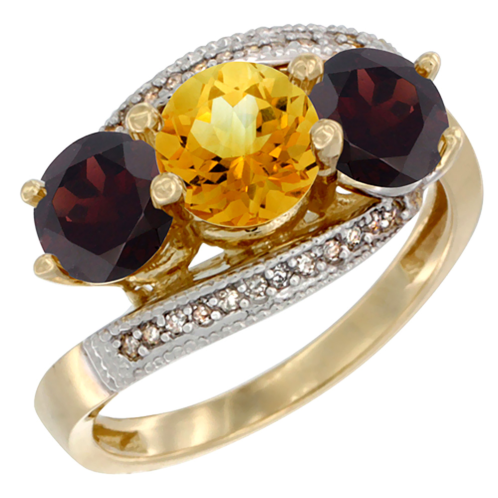 14K Yellow Gold Natural Citrine &amp; Garnet Sides 3 stone Ring Round 6mm Diamond Accent, sizes 5 - 10
