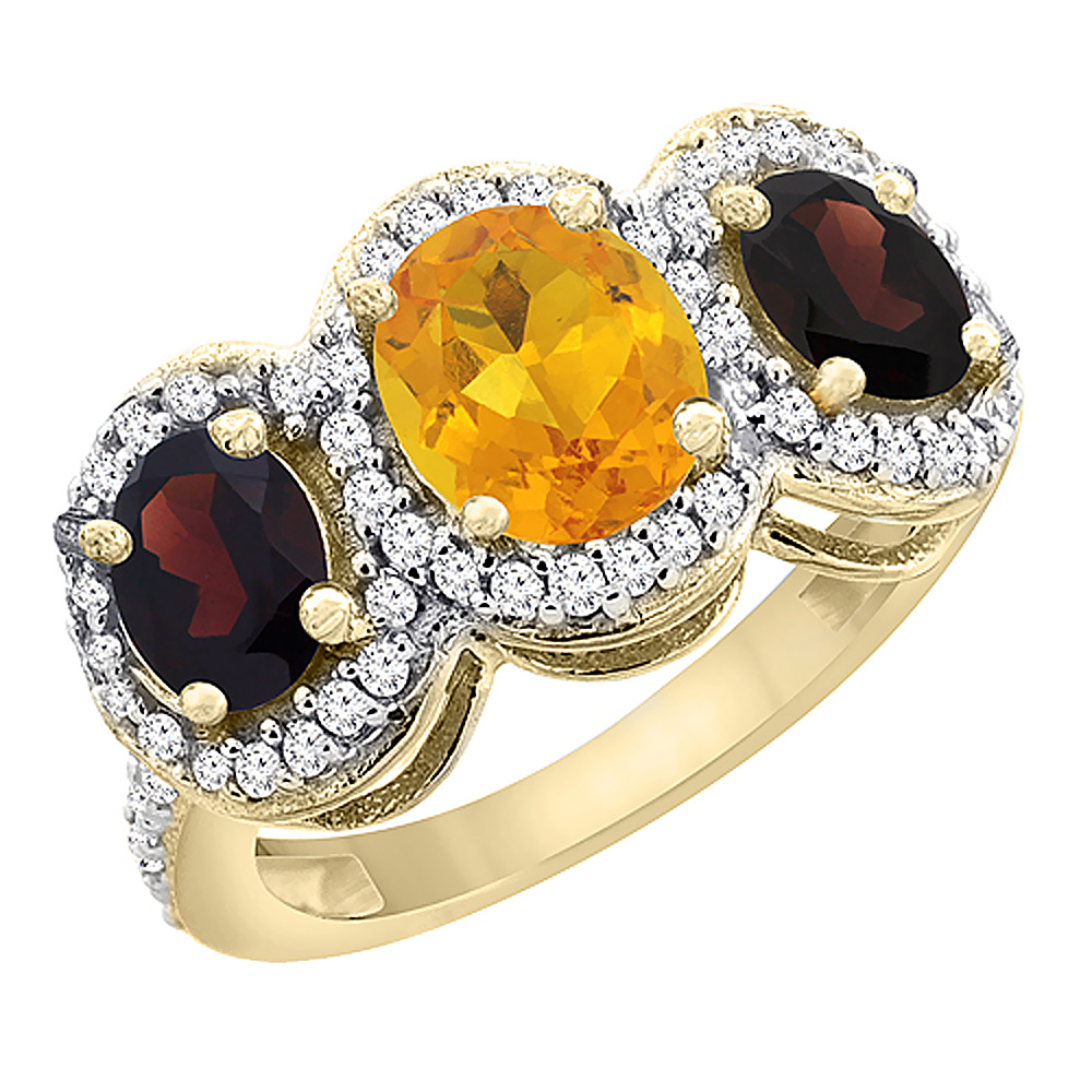 10K Yellow Gold Natural Citrine &amp; Garnet 3-Stone Ring Oval Diamond Accent, sizes 5 - 10