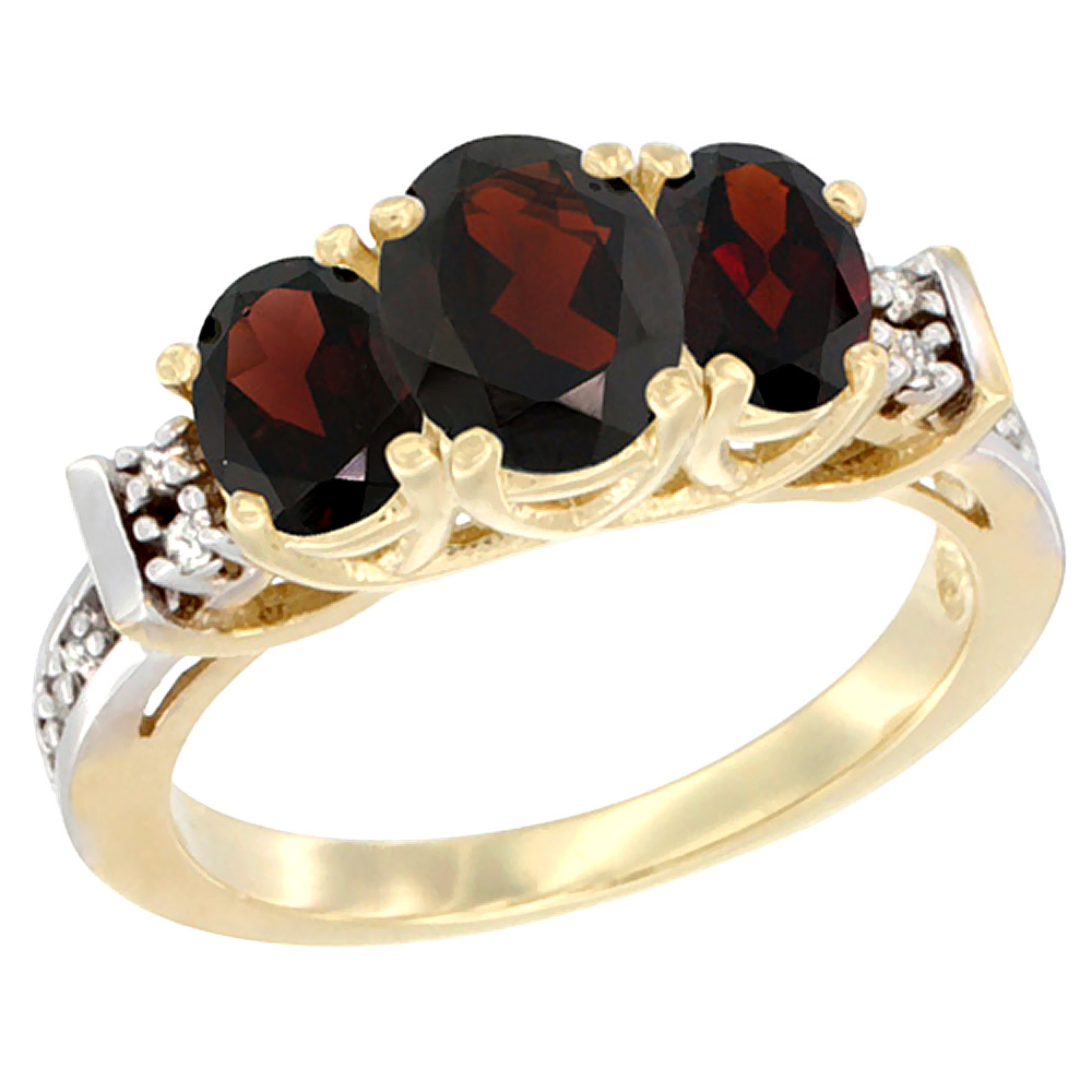 14K Yellow Gold Natural Garnet Ring 3-Stone Oval Diamond Accent