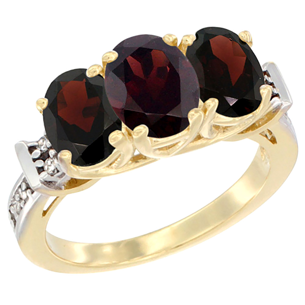 14K Yellow Gold Natural Garnet Ring 3-Stone Oval Diamond Accent, sizes 5 - 10