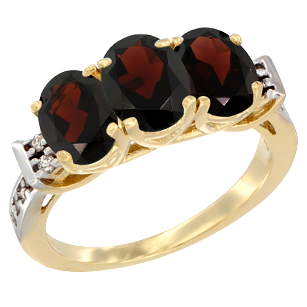14K Yellow Gold Natural Garnet Ring 3-Stone 7x5 mm Oval Diamond Accent, sizes 5 - 10