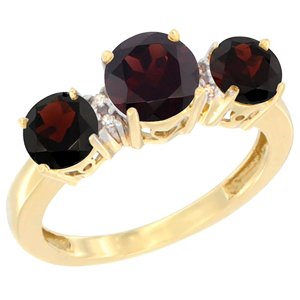 14K Yellow Gold Round 3-Stone Natural Garnet Ring Diamond Accent, sizes 5 - 10