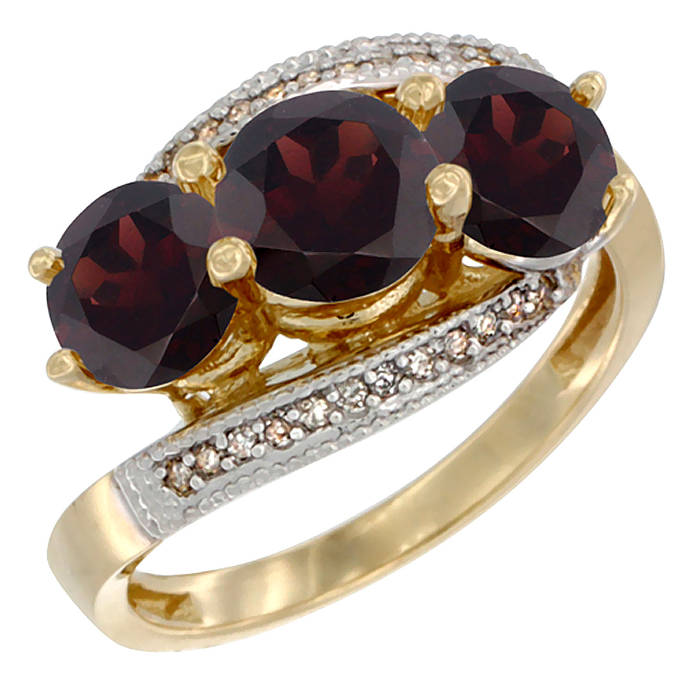 10K Yellow Gold Natural Garnet 3 stone Ring Round 6mm Diamond Accent, sizes 5 - 10