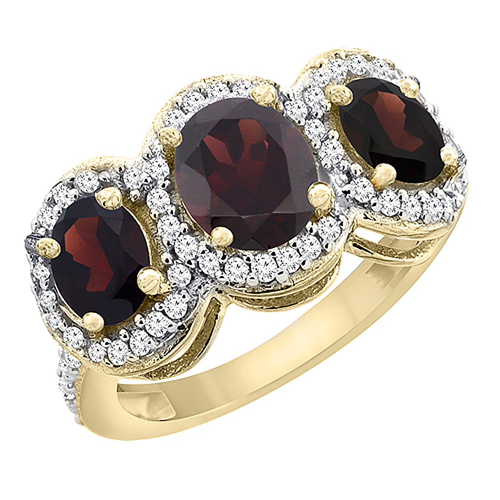 10K Yellow Gold Natural Garnet 3-Stone Ring Oval Diamond Accent, sizes 5 - 10
