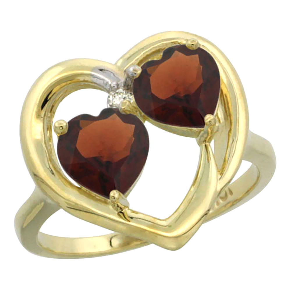 14K Yellow Gold Diamond Two-stone Heart Ring 6mm Natural Garnet, sizes 5-10